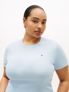 Curve Flag Embroidery Crew Neck Slim T-Shirt — Blue 2