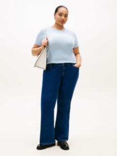 Curve Flag Embroidery Crew Neck Slim T-Shirt — Blue 3