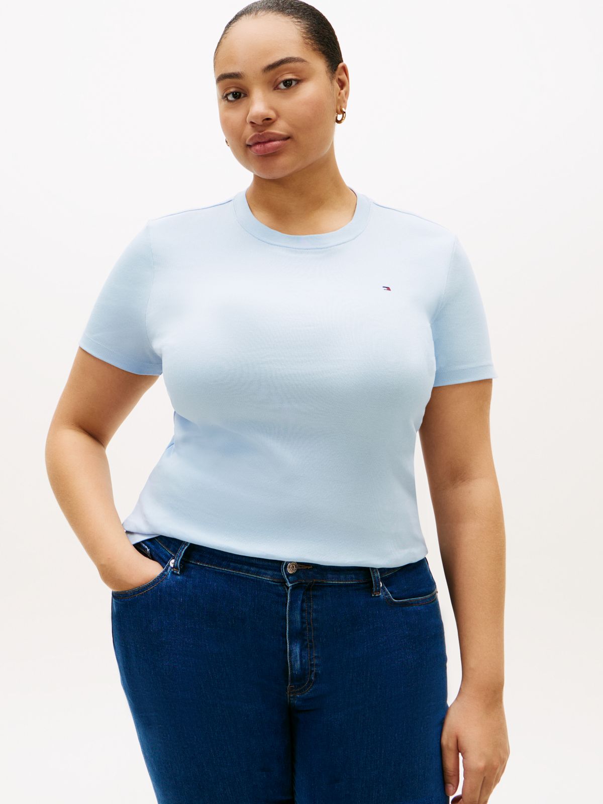 Curve Flag Embroidery Crew Neck Slim T-Shirt — Blue