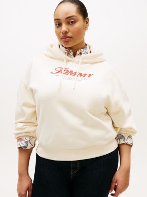 beige curve textured logo relaxed drawstring hoody for women tommy hilfiger