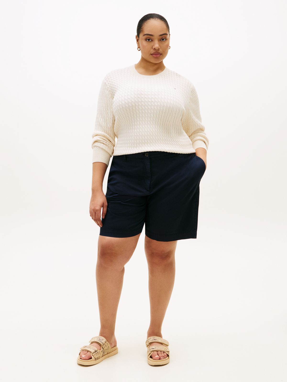 Curve Cable Knit Crew Neck Jumper — Beige