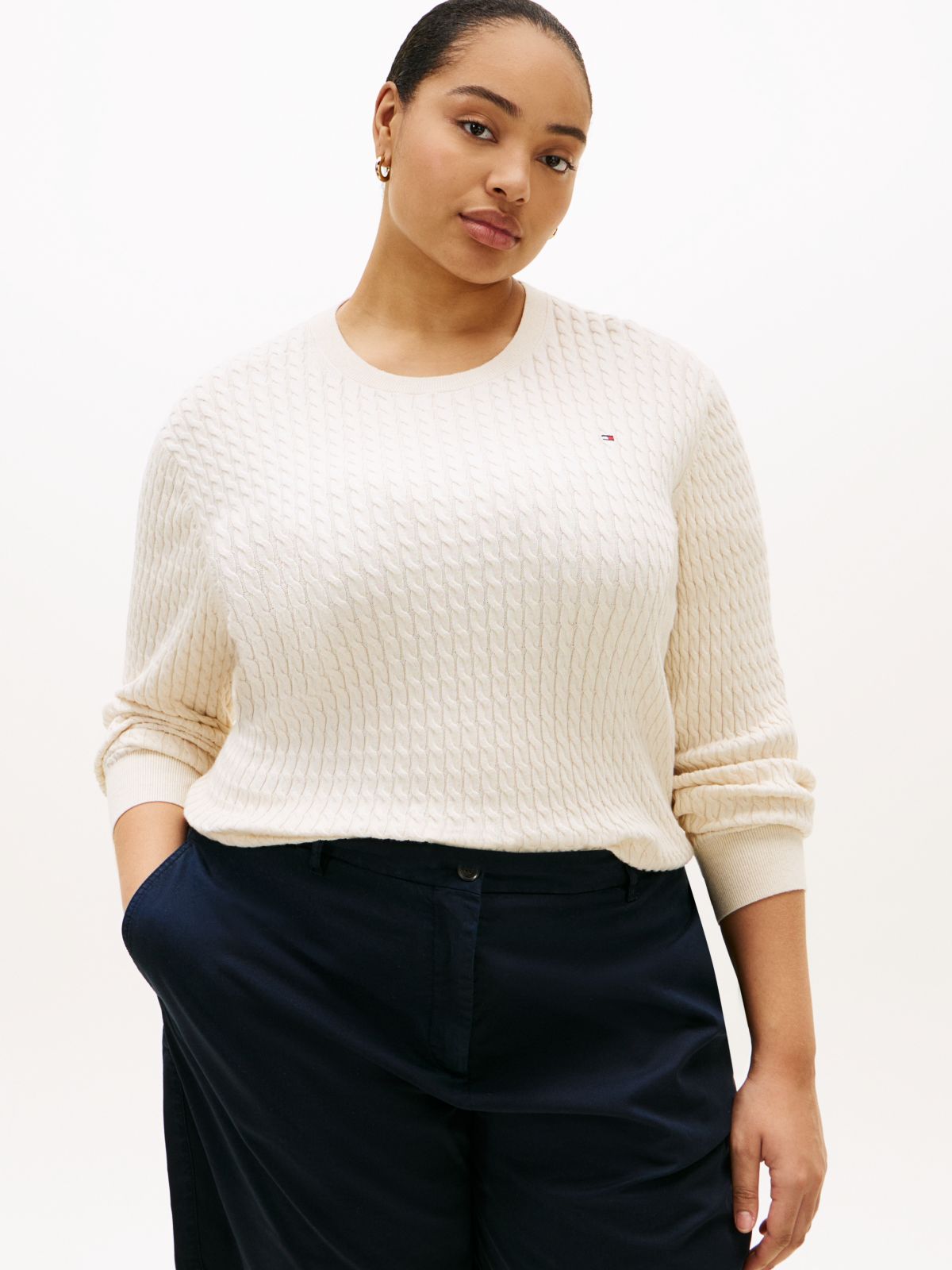 Curve Cable Knit Crew Neck Jumper — Beige