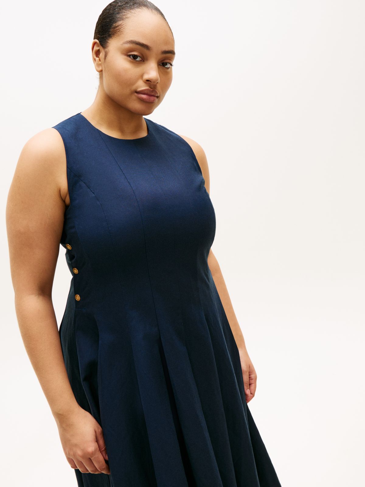Curve Gold-Tone Button Linen Blend Midi Dress — Blue