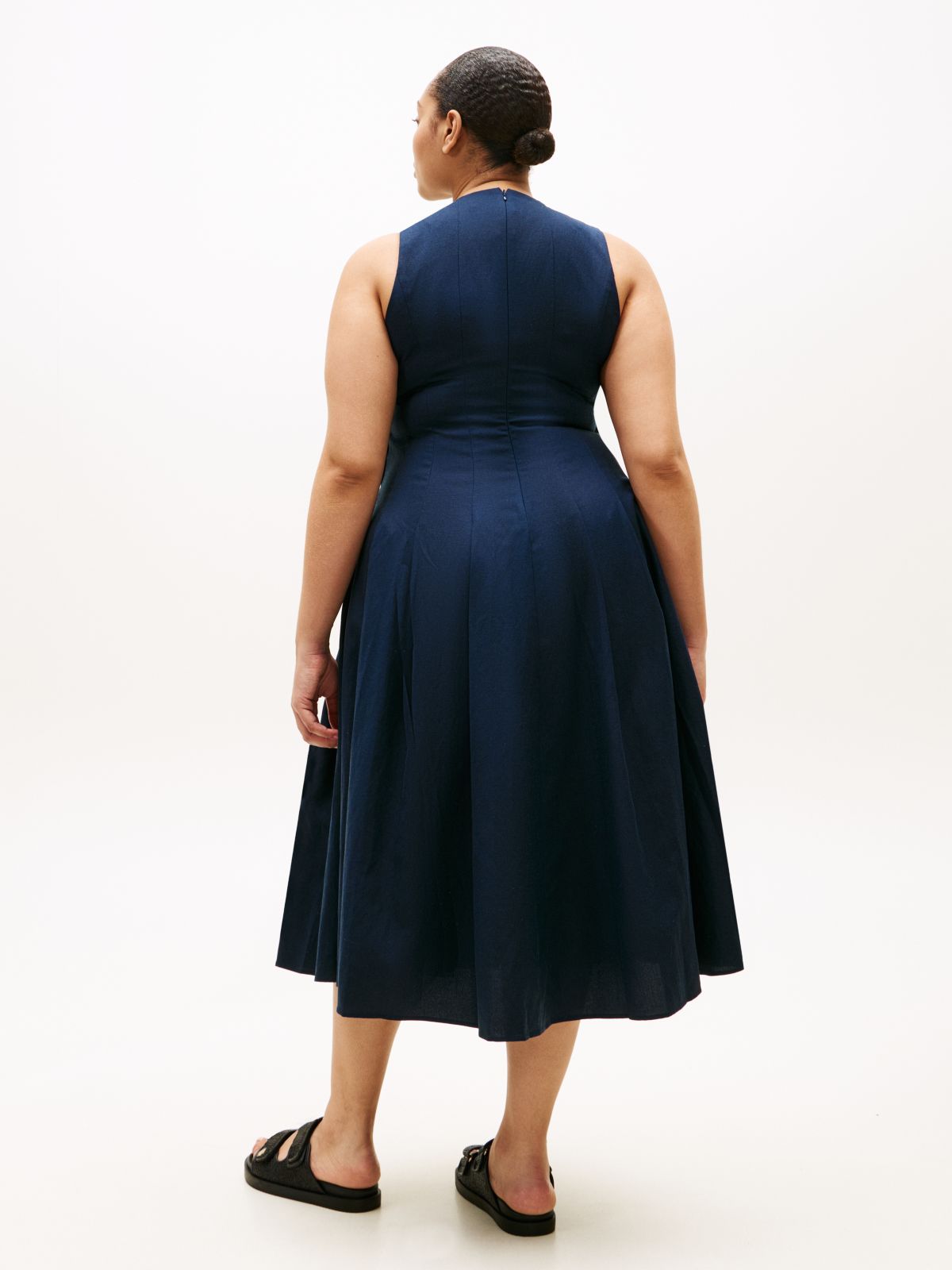 Curve Gold-Tone Button Linen Blend Midi Dress — Blue