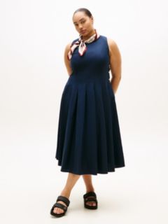 Curve Gold-Tone Button Linen Blend Midi Dress — Blue 1