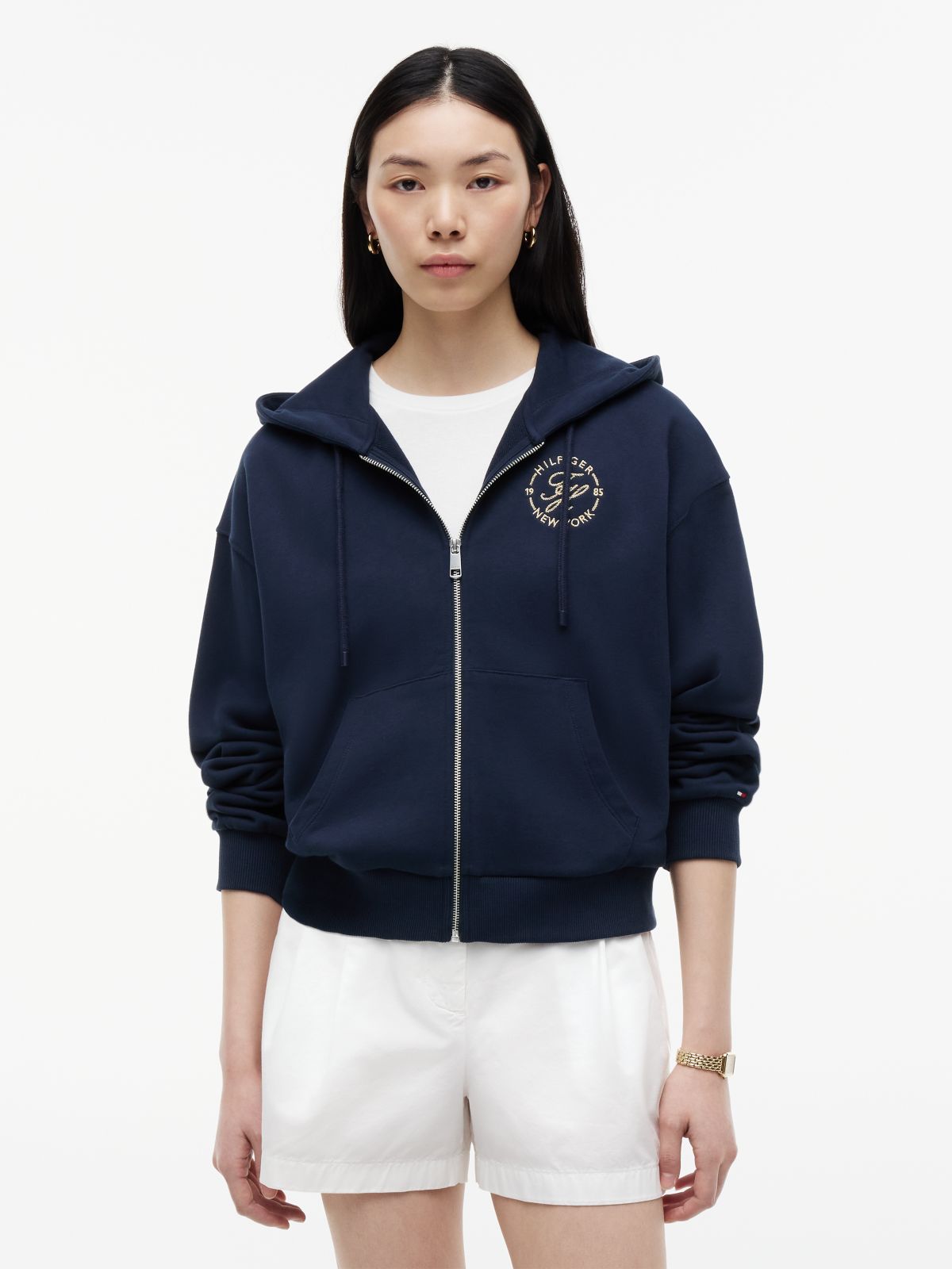 Logo Embroidery Zip-Thru Hoody — Blue
