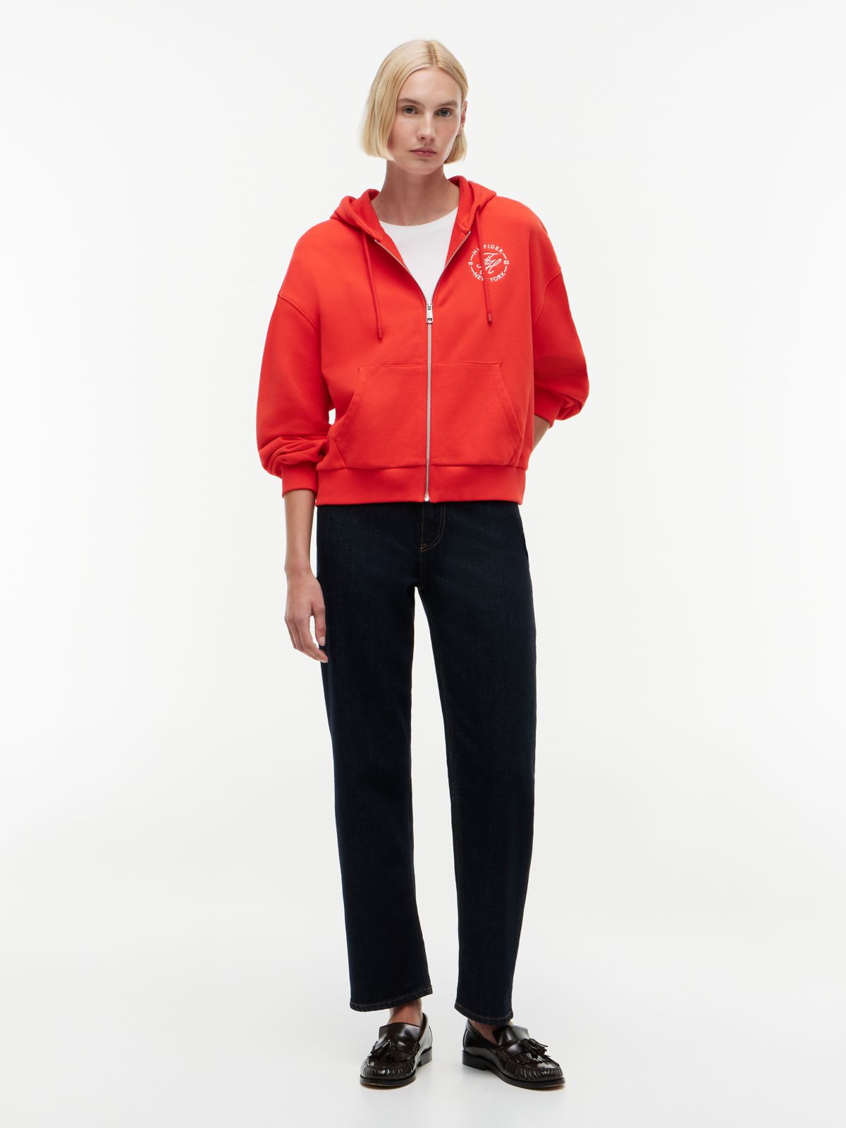 Logo Embroidery Zip-Thru Hoody — Red