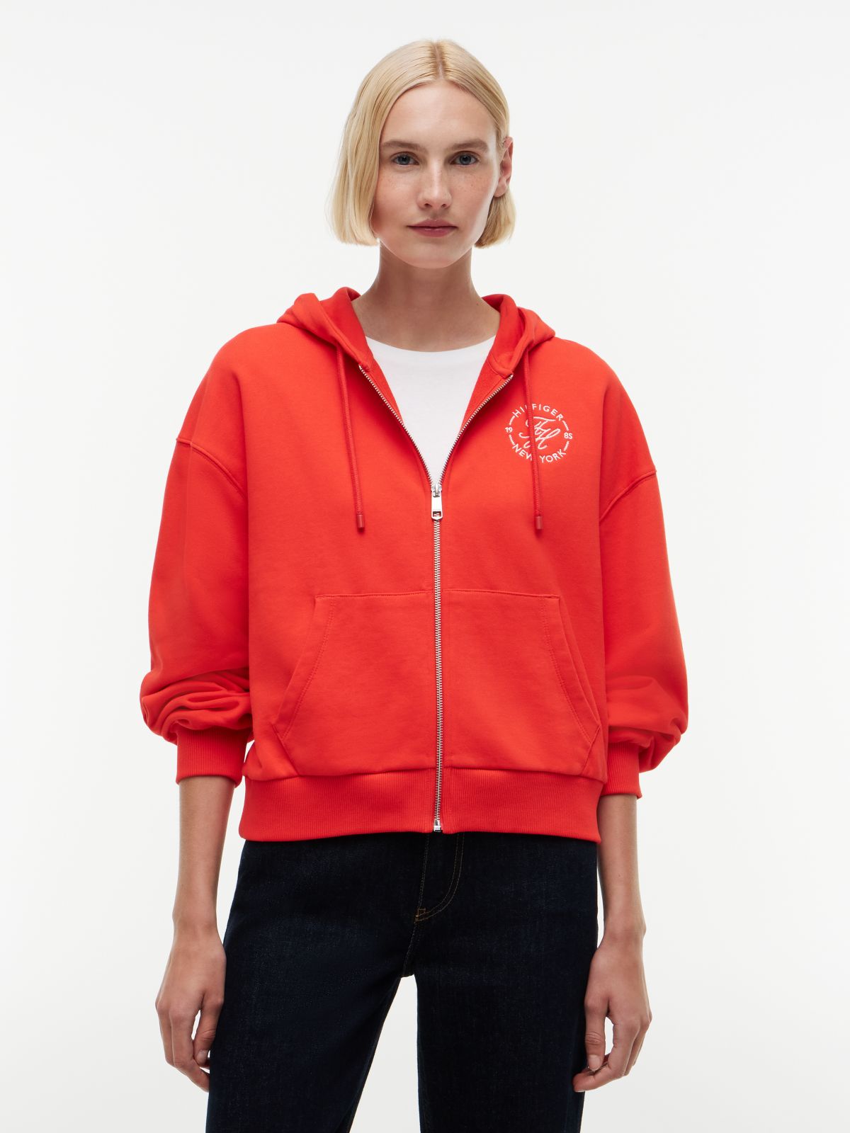 Logo Embroidery Zip-Thru Hoody — Red