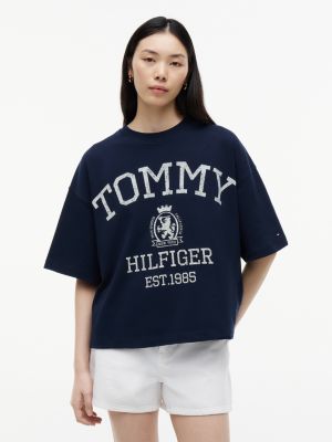 blue t-shirt o luźnym kroju oversize z okrągłym dekoltem dla kobiety - tommy hilfiger