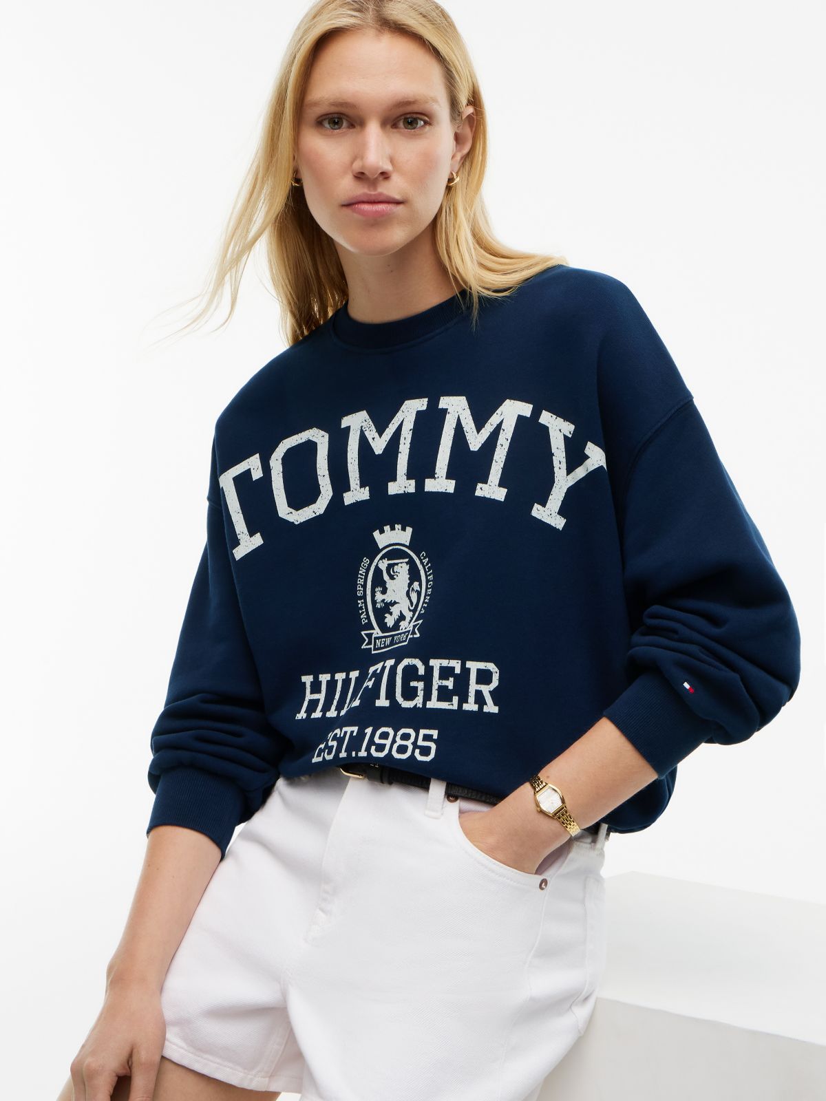 Crest Logo Drawstring Hem Relaxed Sweatshirt — Blue