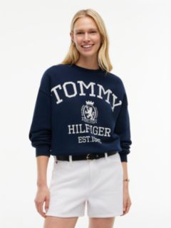 Crest Logo Drawstring Hem Relaxed Sweatshirt — Blue 1