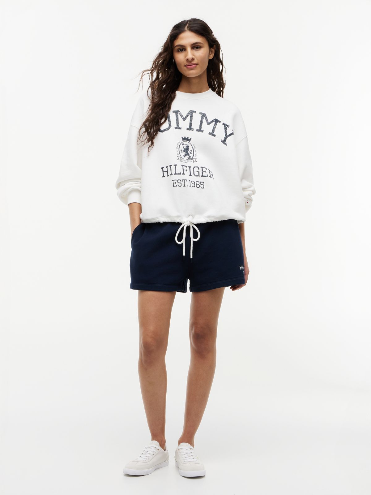 Crest Logo Drawstring Hem Relaxed Sweatshirt — White