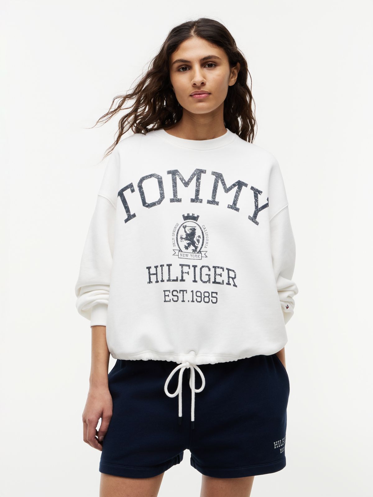 Crest Logo Drawstring Hem Relaxed Sweatshirt — White