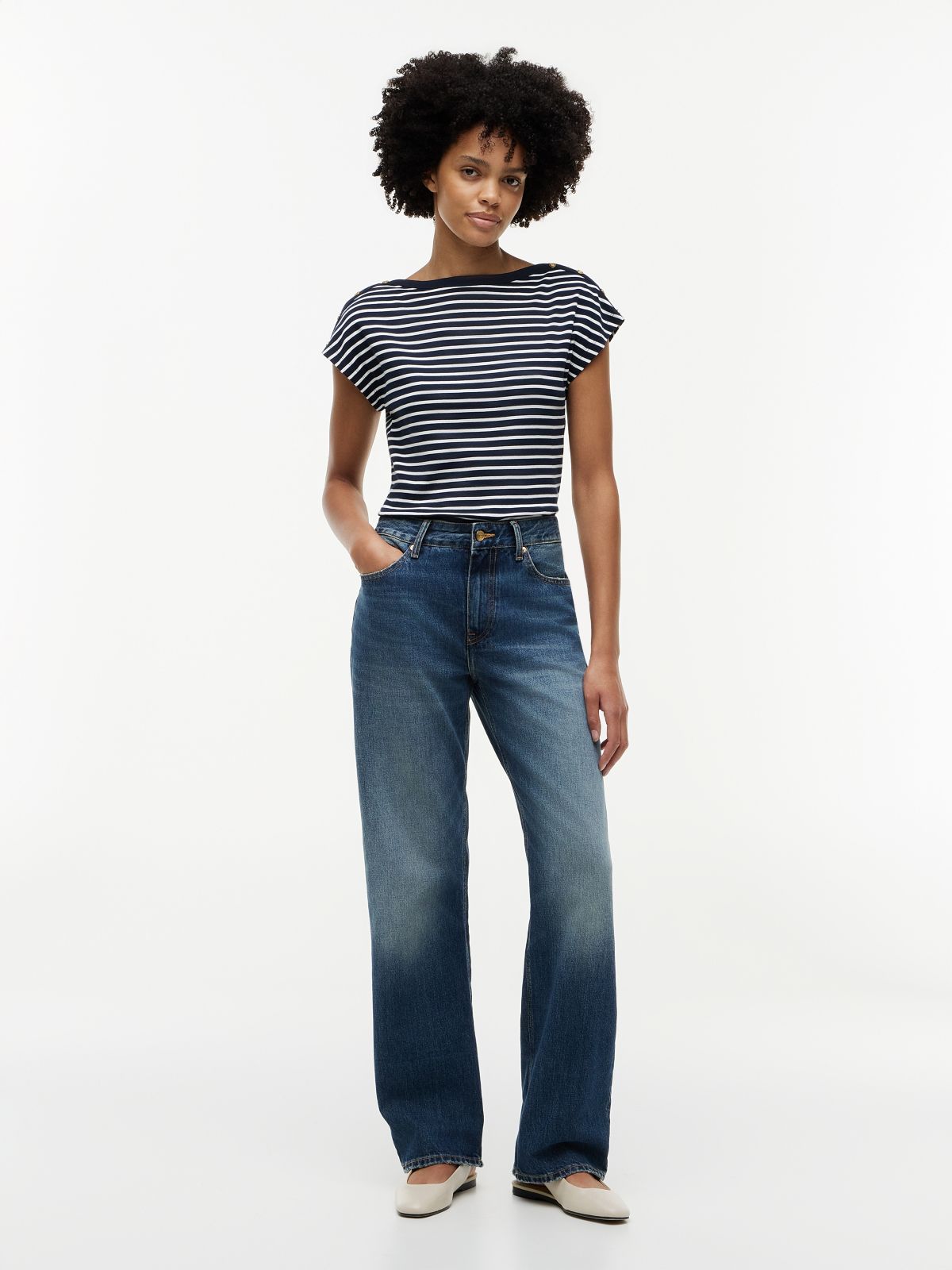 Gold-Tone Button Boat Neck T-Shirt — Multi