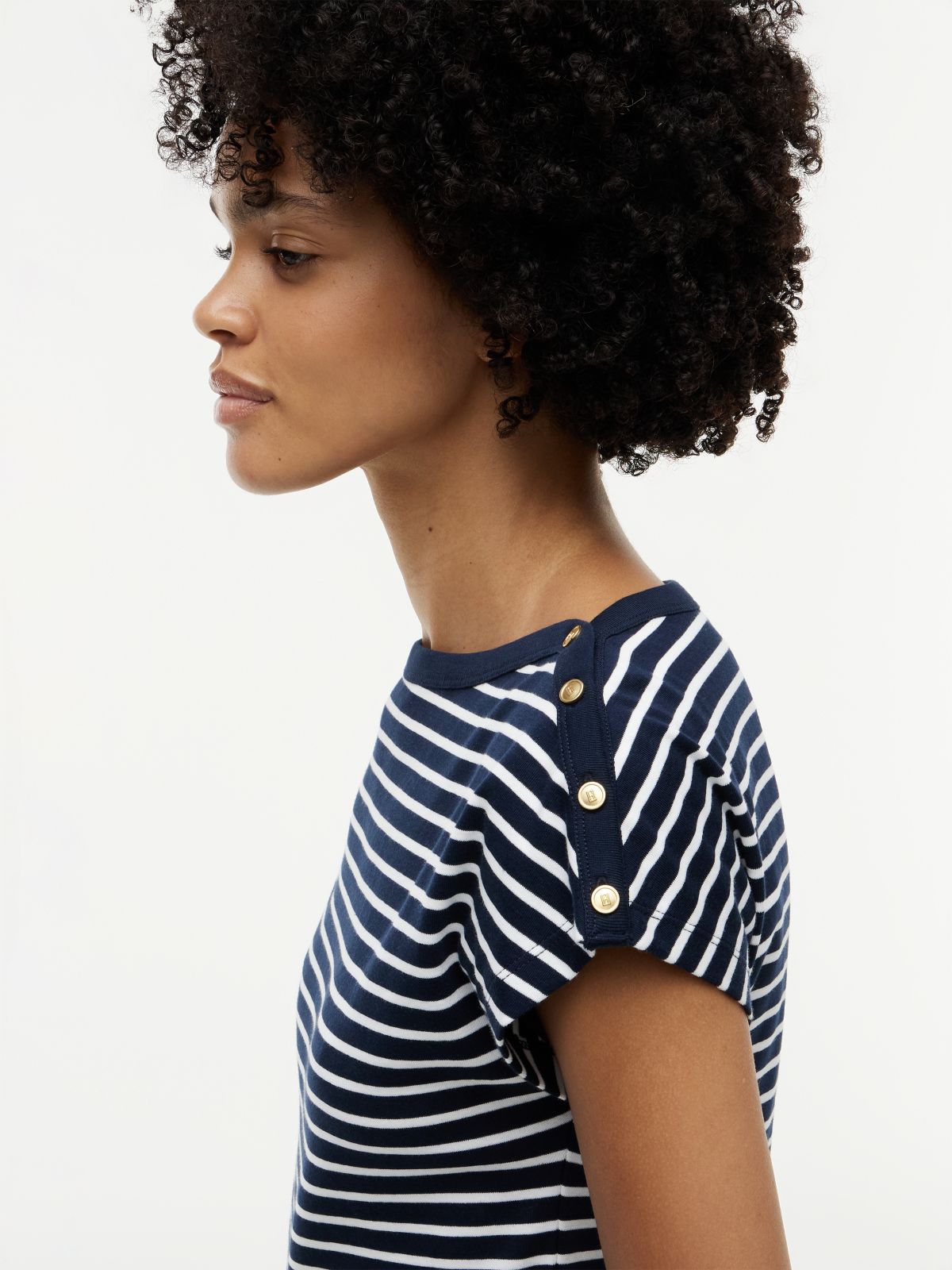 Gold-Tone Button Boat Neck T-Shirt — Multi