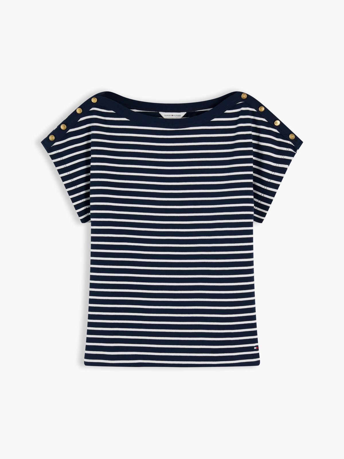 Gold-Tone Button Boat Neck T-Shirt — Multi