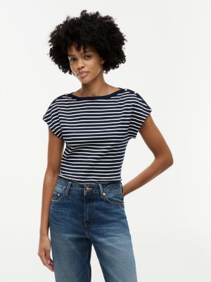 beige gold-tone button boat neck t-shirt for women tommy hilfiger