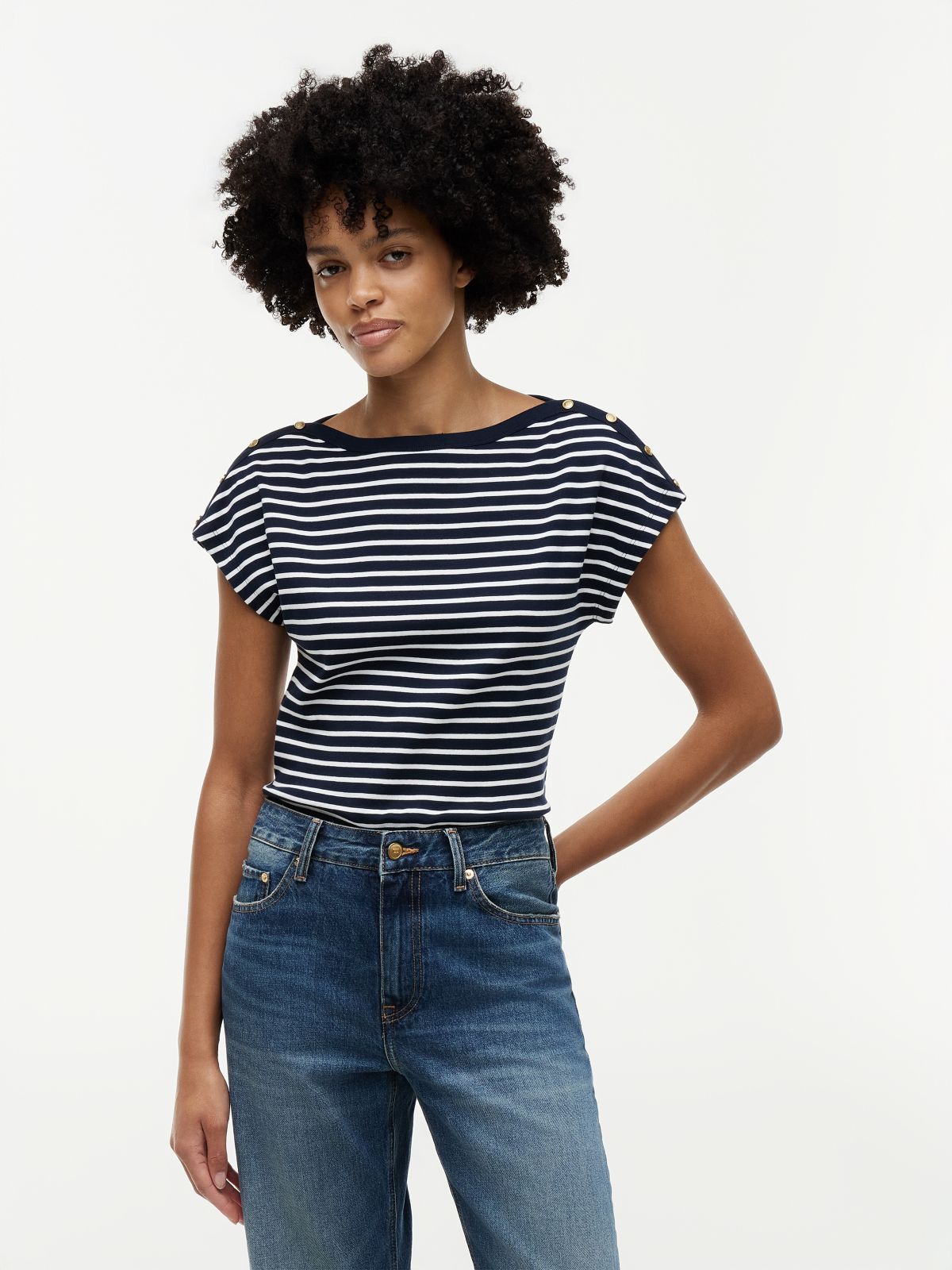 Gold-Tone Button Boat Neck T-Shirt — Multi