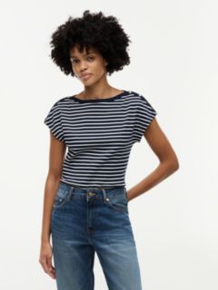 Gold-Tone Button Boat Neck T-Shirt — Multi 1