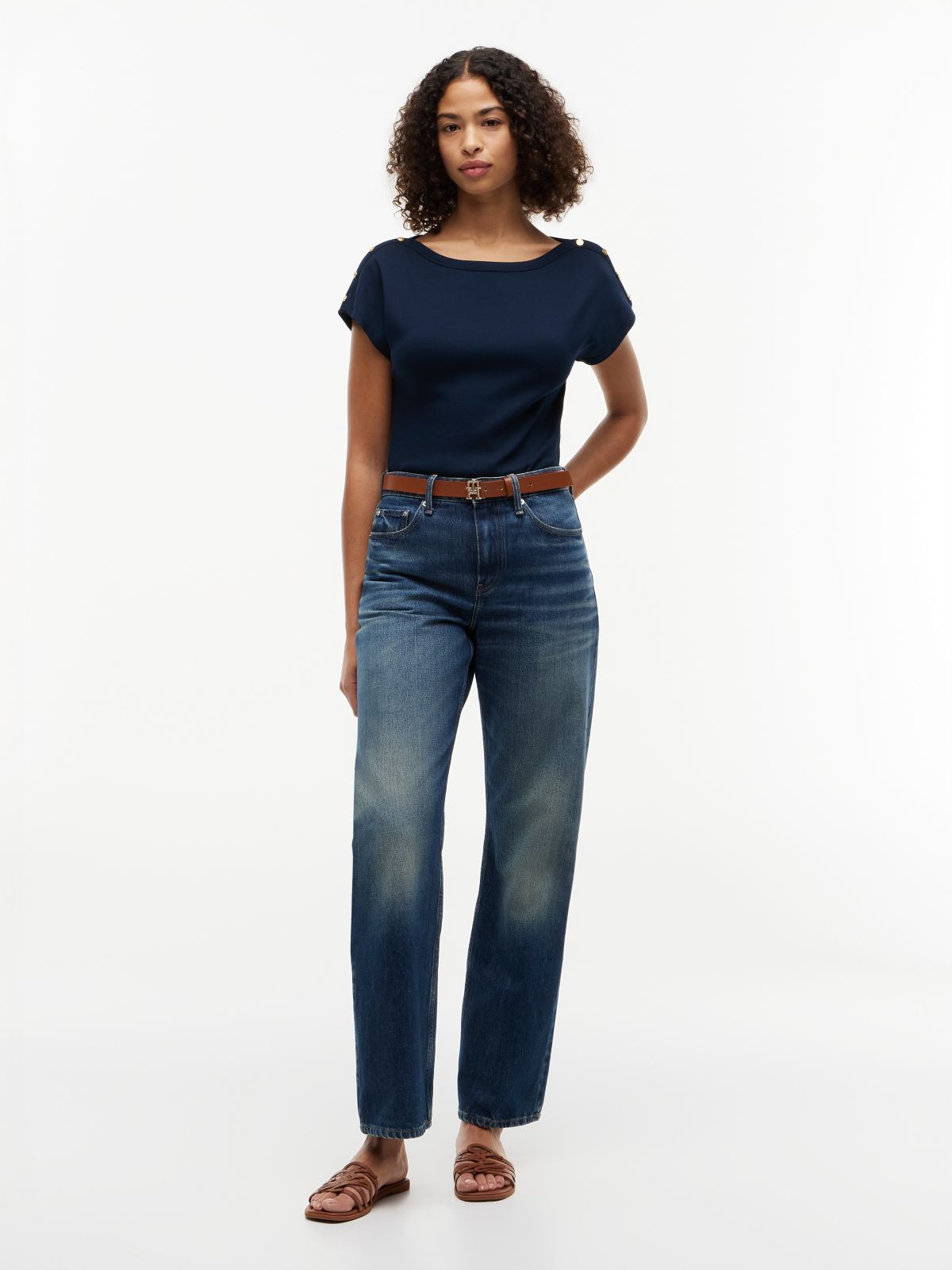 Gold-Tone Button Boat Neck T-Shirt — Blue