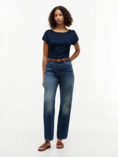 Gold-Tone Button Boat Neck T-Shirt — Blue 2