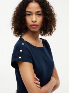 Gold-Tone Button Boat Neck T-Shirt — Blue 3