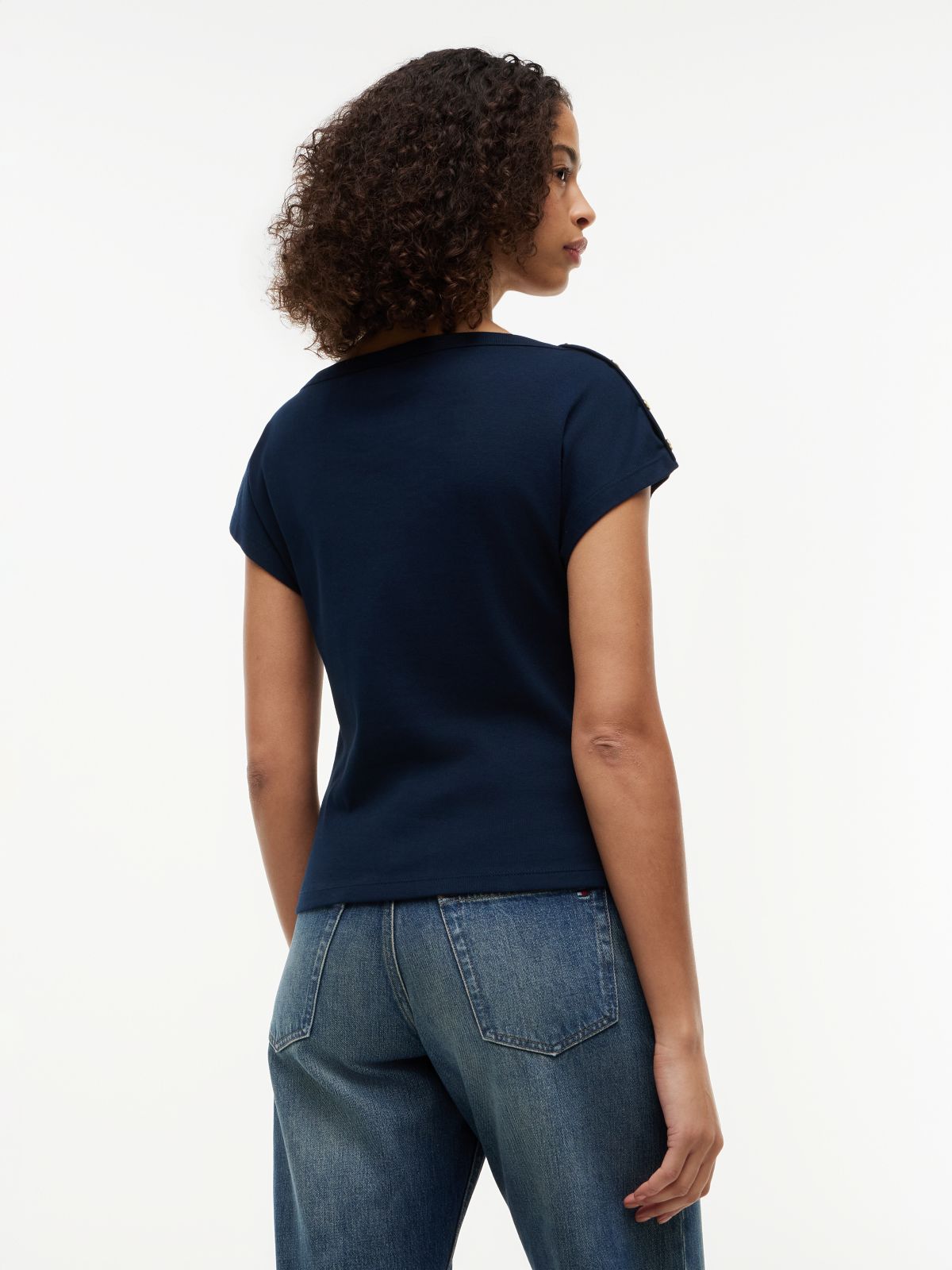 Gold-Tone Button Boat Neck T-Shirt — Blue