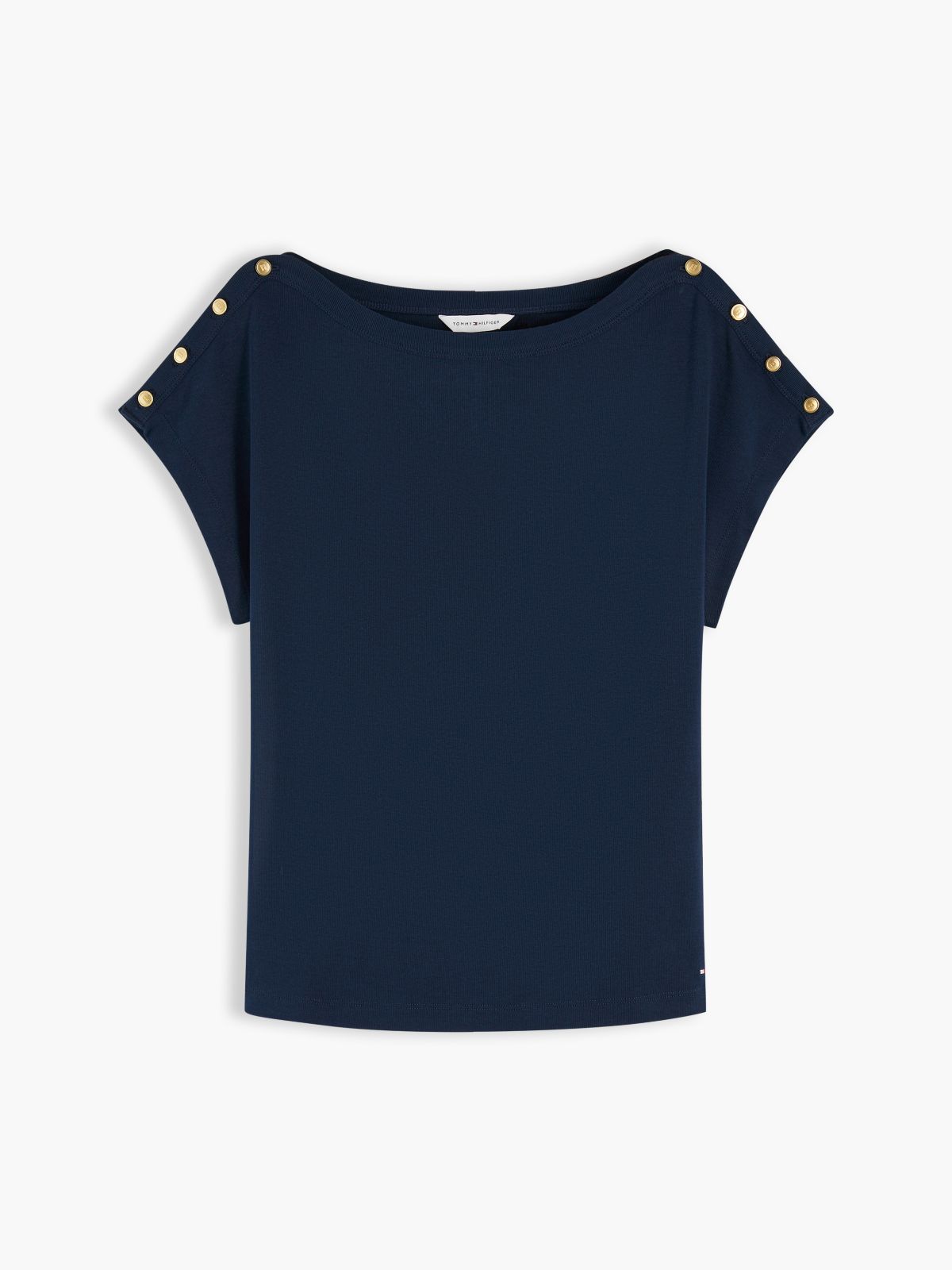 Gold-Tone Button Boat Neck T-Shirt — Blue