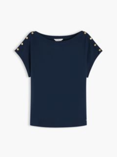 Gold-Tone Button Boat Neck T-Shirt — Blue 5
