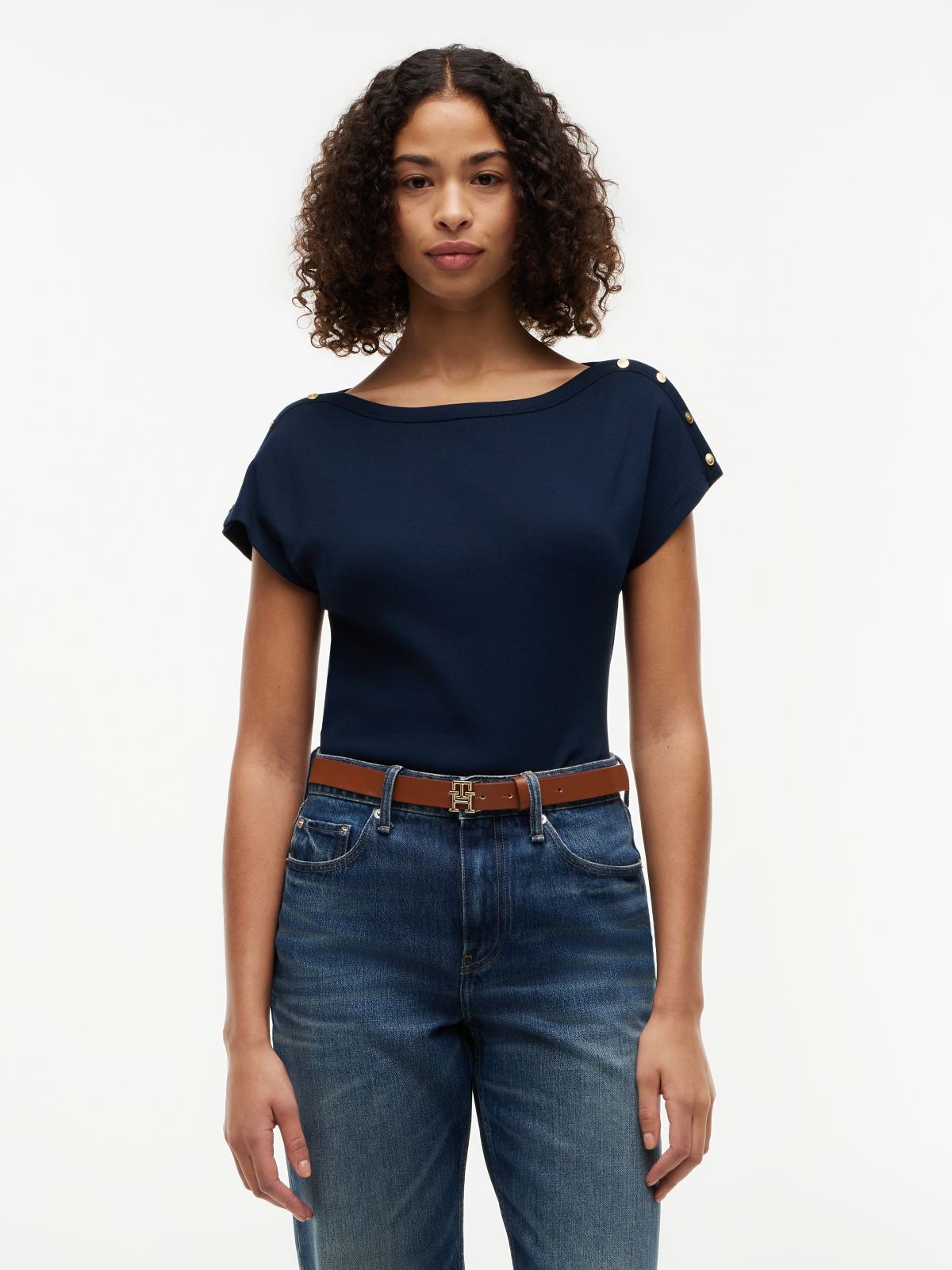 Gold-Tone Button Boat Neck T-Shirt — Blue