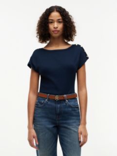 Gold-Tone Button Boat Neck T-Shirt — Blue 1