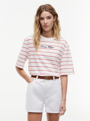 red relaxed fit t-shirt mit logo und rundhals für damen - tommy hilfiger