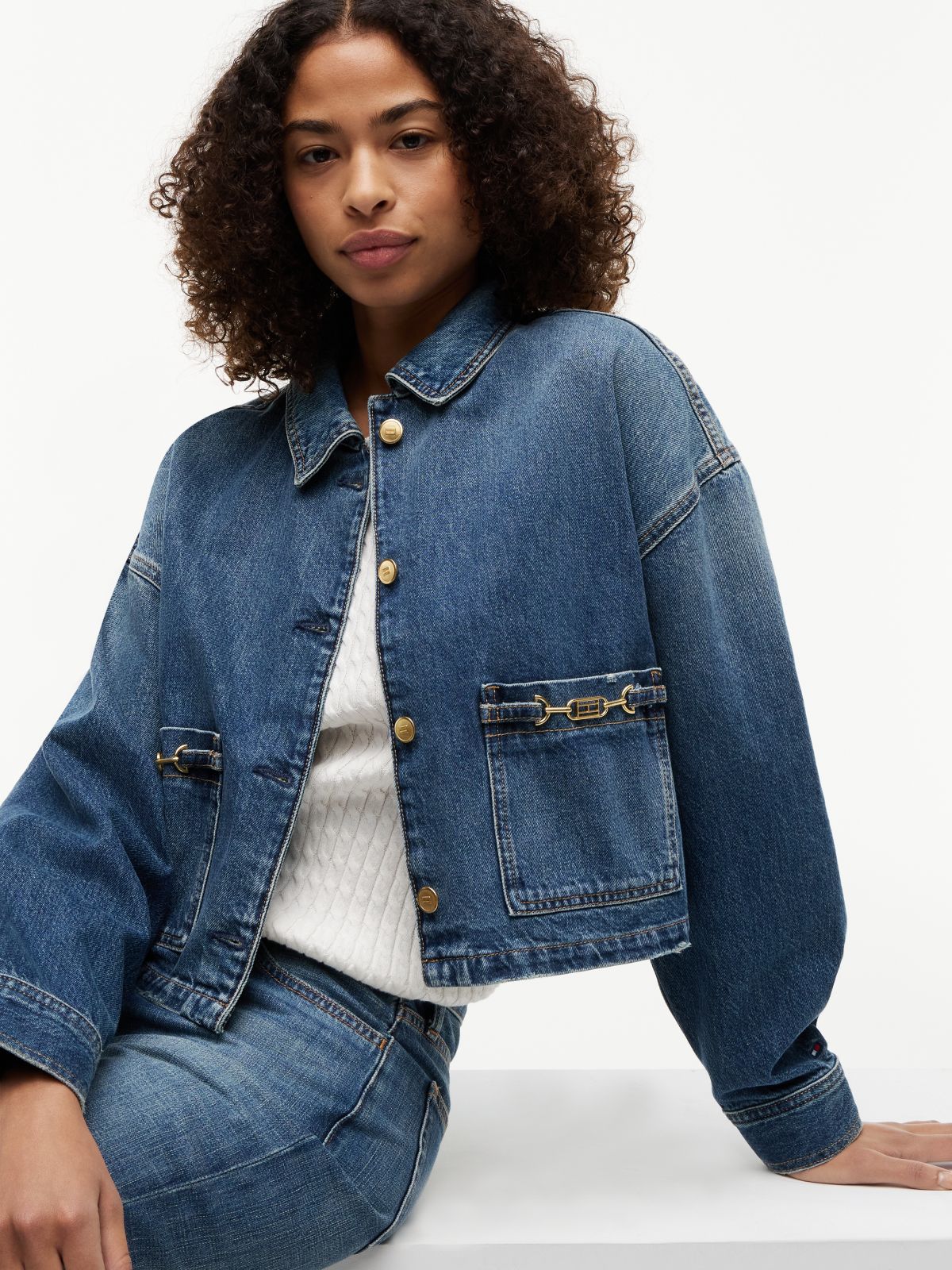 Flag Horsebit Relaxed Denim Jacket — Blue