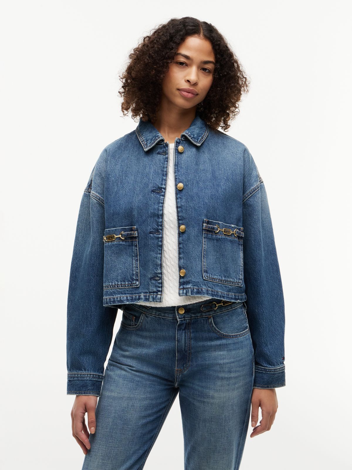 Flag Horsebit Relaxed Denim Jacket — Blue