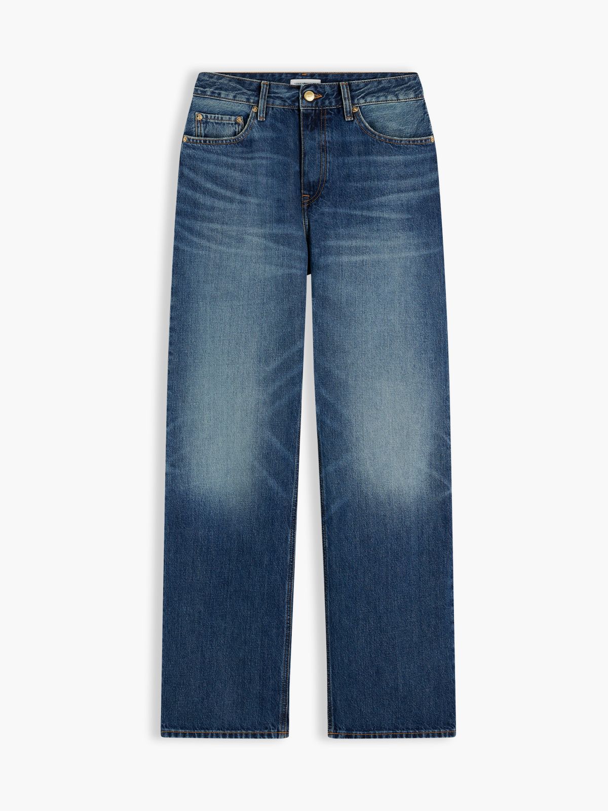 Gold-Tone Button Mid Rise Loose Straight Jeans — Blue