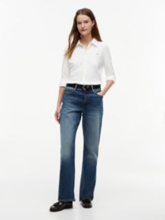 Gold-Tone Button Mid Rise Loose Straight Jeans — Blue 1