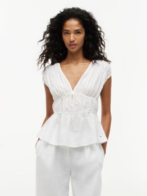 white regular fit sleeveless smock blouse with linen for women tommy hilfiger