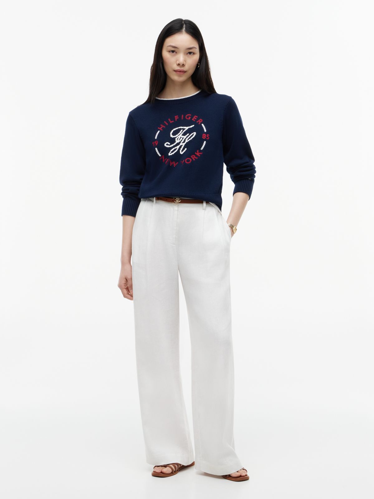 Logo Embroidery Relaxed Crew Neck Jumper — Blue