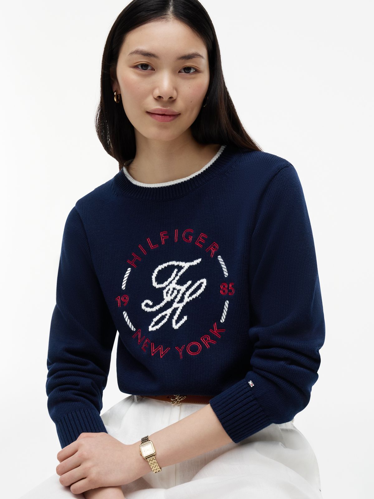 Logo Embroidery Relaxed Crew Neck Jumper — Blue