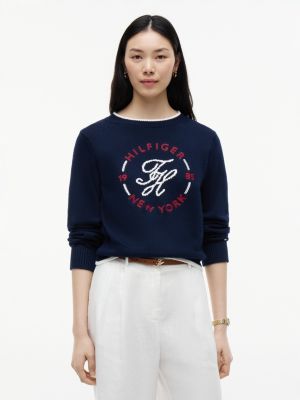 blue relaxed fit rundhals-t-shirt mit logo-stickerei für damen - tommy hilfiger