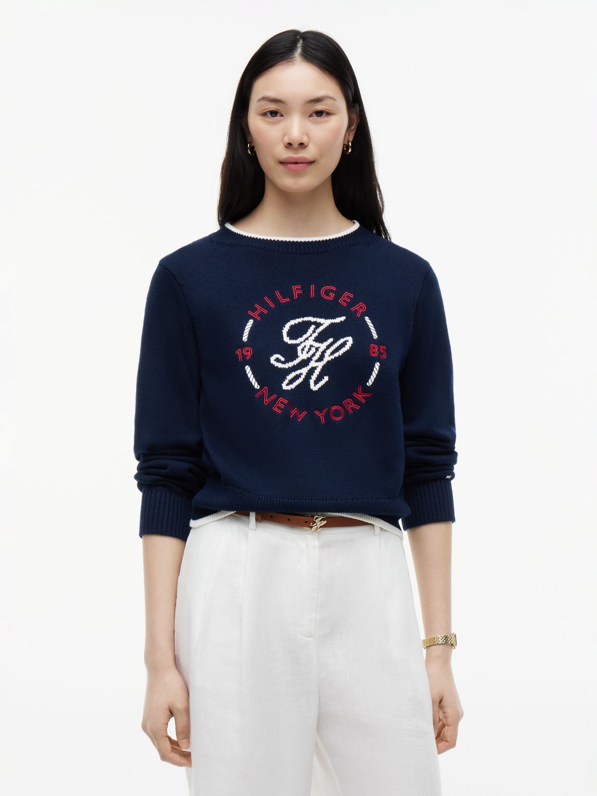 Logo Embroidery Relaxed Crew Neck Jumper — Blue