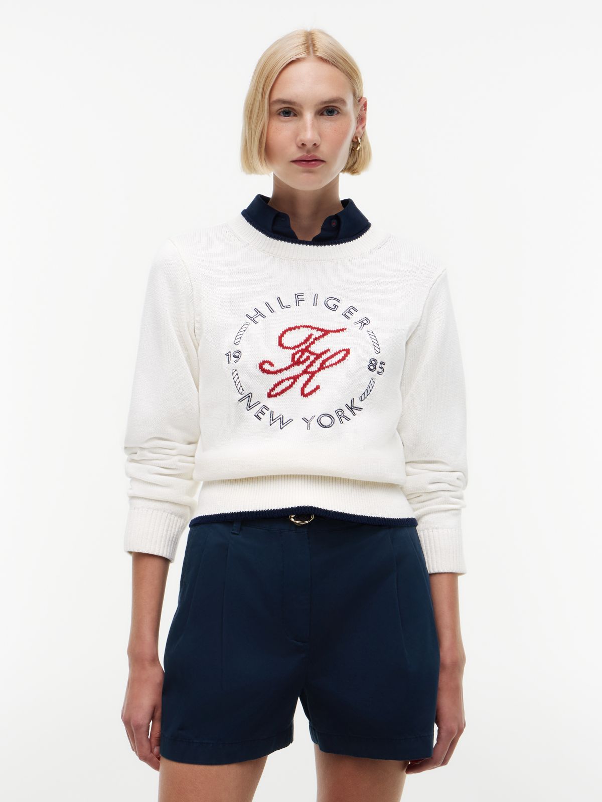 Logo Embroidery Relaxed Crew Neck Jumper — White