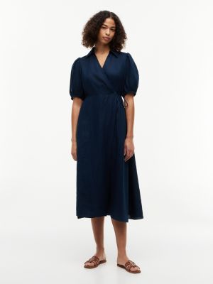 blue luźna sukienka kopertowa mini z czystego lnu dla kobiety - tommy hilfiger