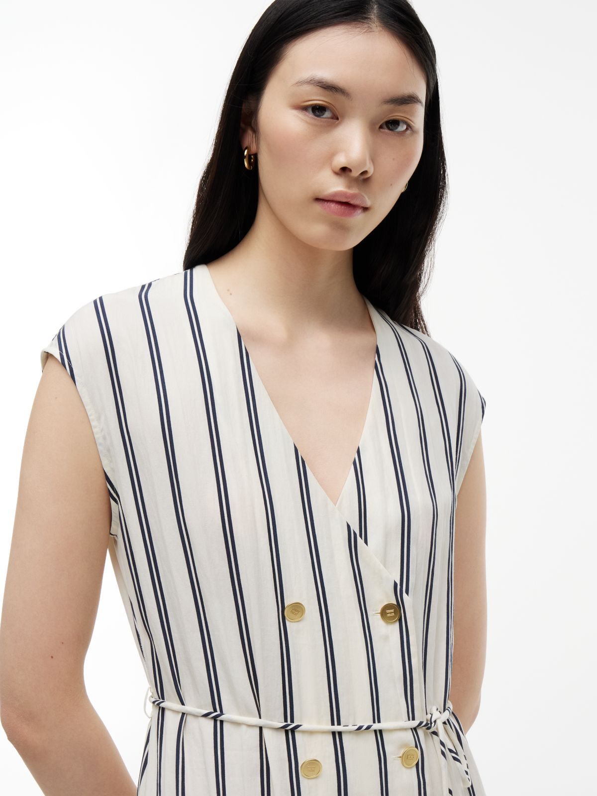 Gold-Tone Button Stripe Midi Dress — White