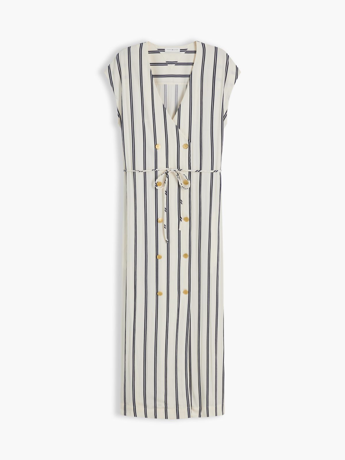 Gold-Tone Button Stripe Midi Dress — White
