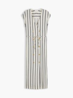 Gold-Tone Button Stripe Midi Dress — White 5