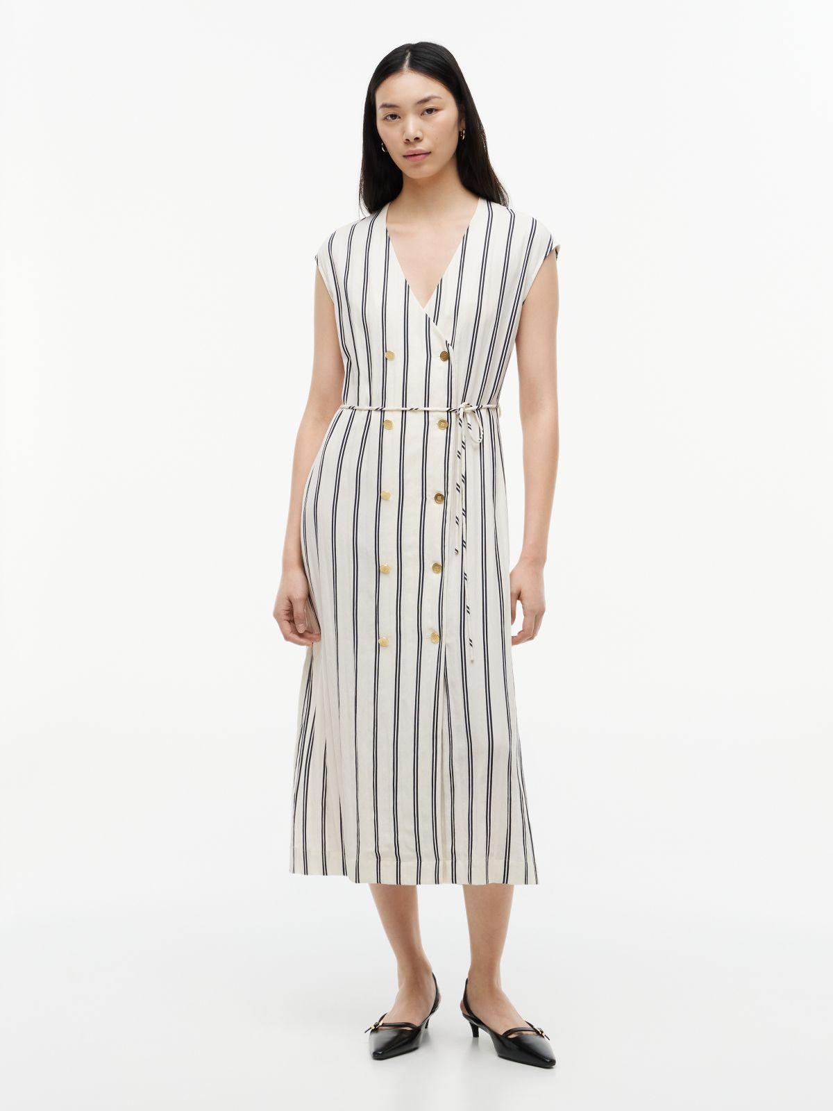 Gold-Tone Button Stripe Midi Dress — White