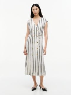 Gold-Tone Button Stripe Midi Dress — White 1