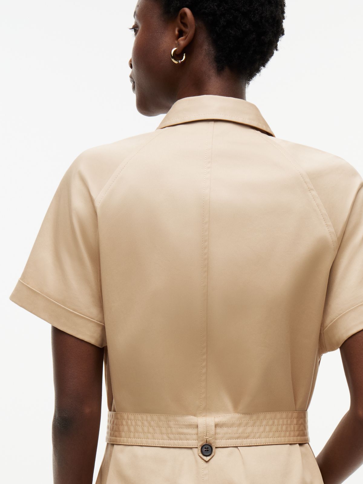 Belted Twill Midi Shirt Dress — Beige