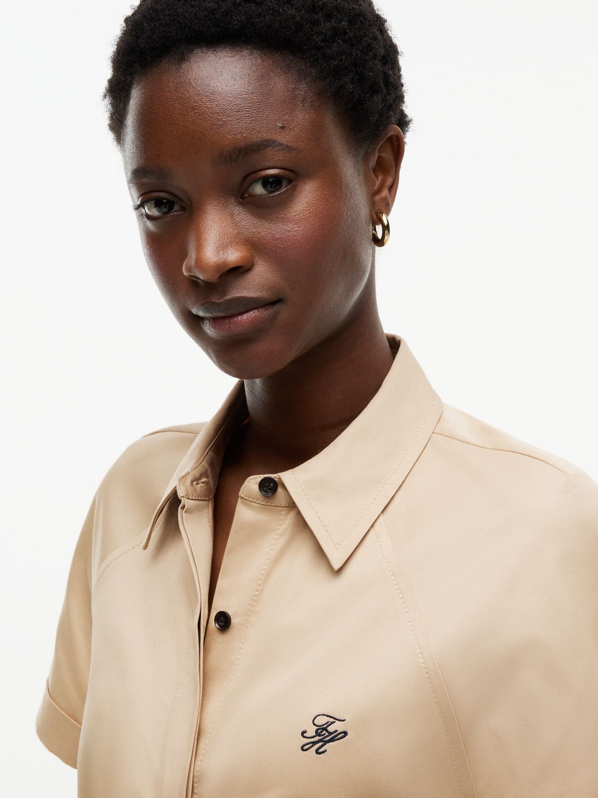 Belted Twill Midi Shirt Dress — Beige